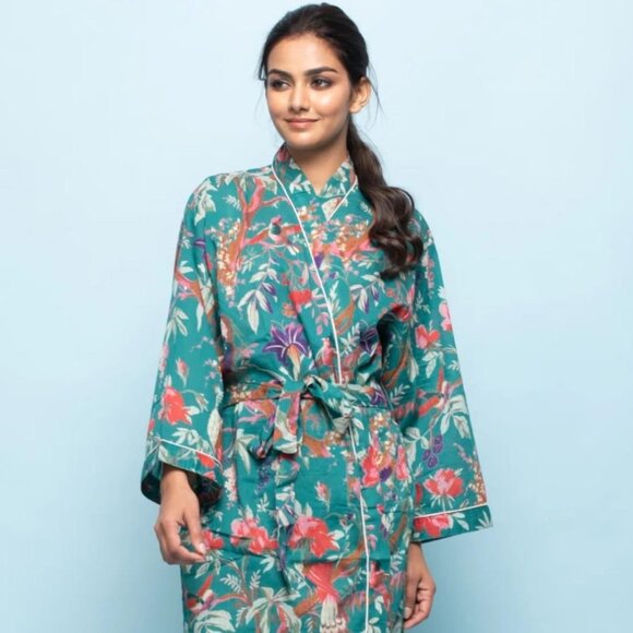 100% Cotton Bath Robe /Kimono Cyan One Size - Picture 1 of 4